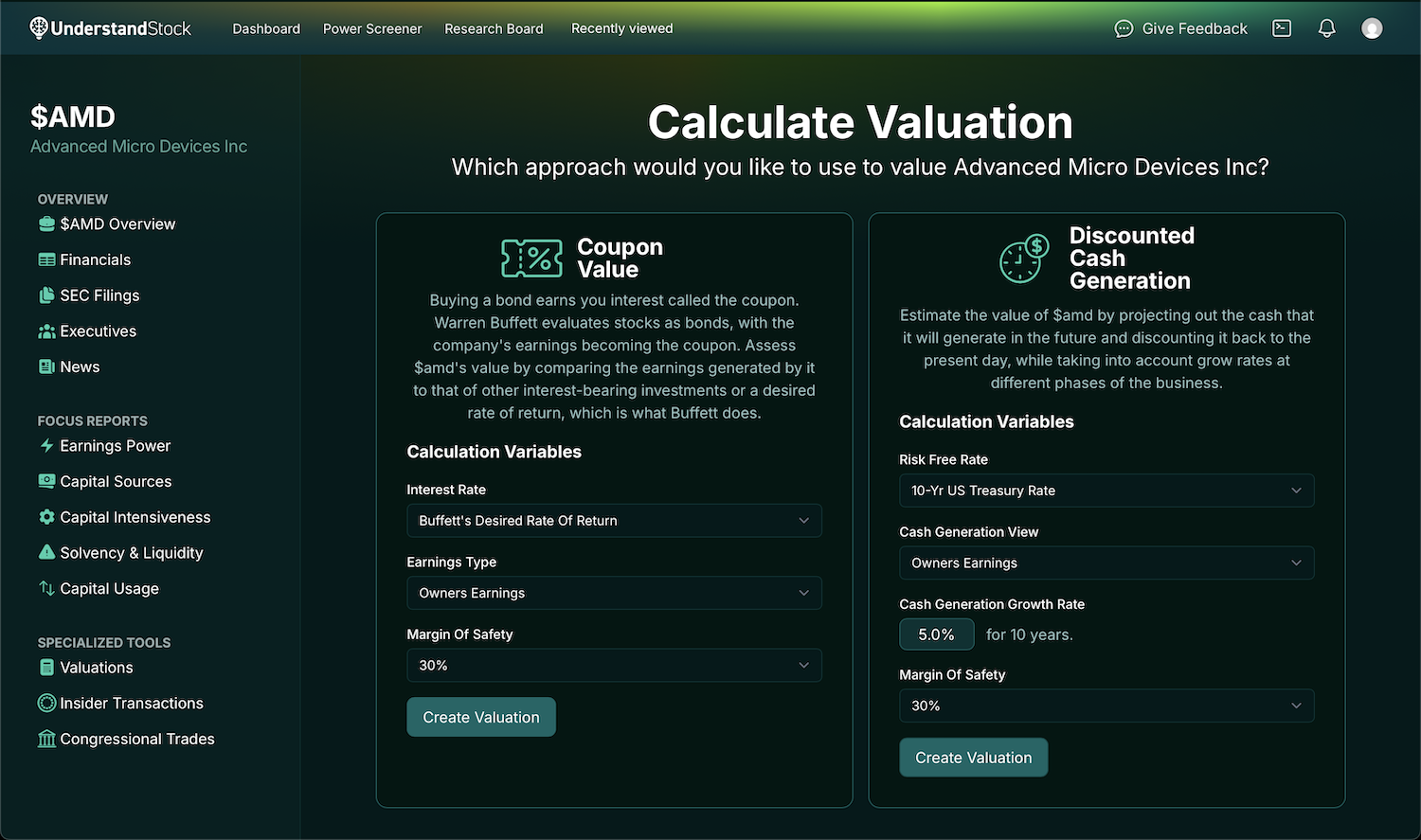 $AMD Valuation Calculators Screenshot